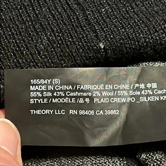 Theory Women Gray Black Plaid Long Sleev Crew Neck Knit Sweater Small Silk Cashm - Picture 6 of 8